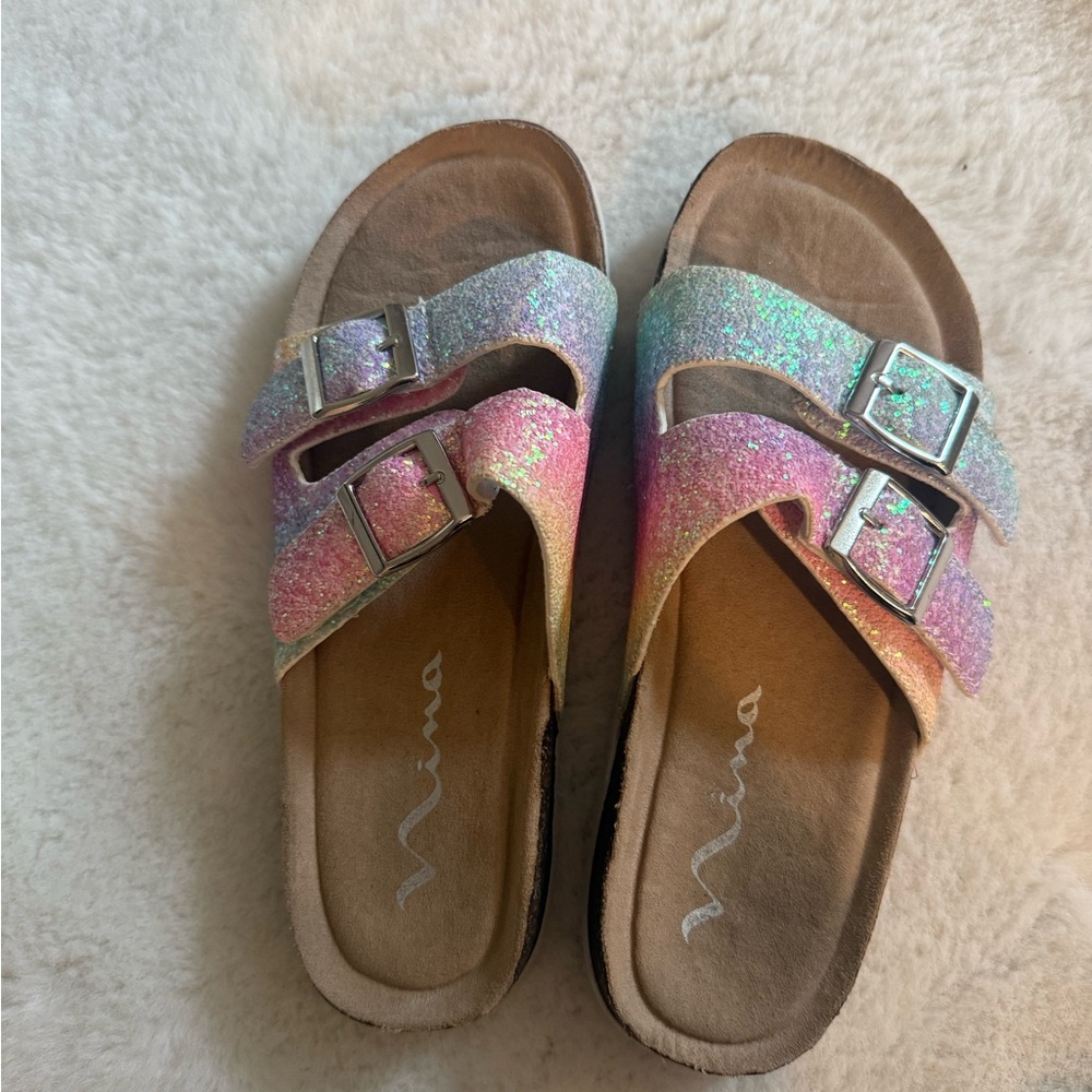 Nina Girls Iridescent Rainbow Glitter Double-Buckle Sandals
